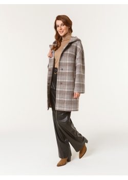 Пальто женское короткое КМ380-1 OLZ кремово-коричневая клетка