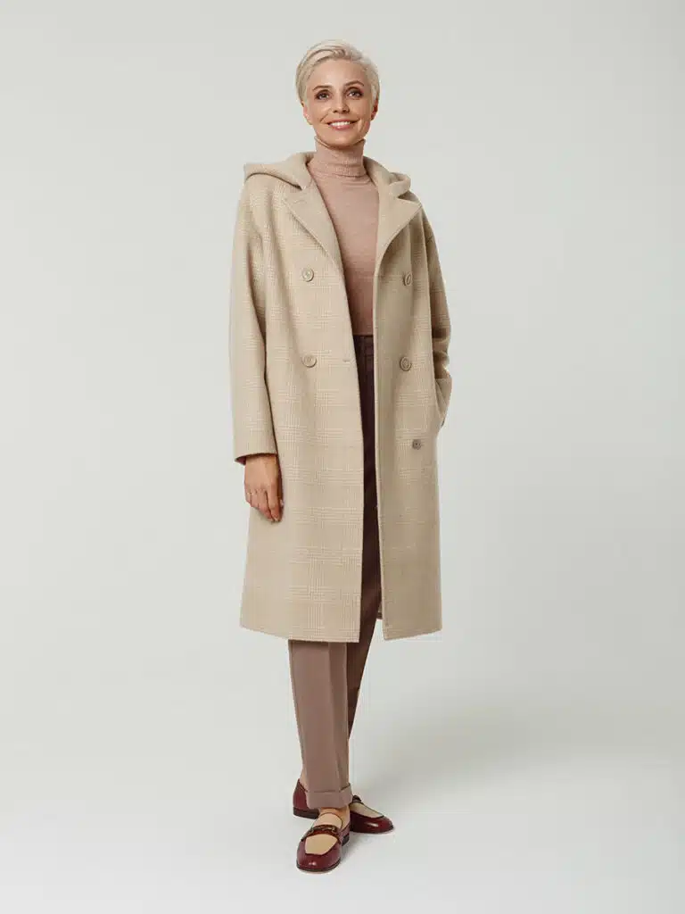 Пальто КМ1146 Q бежевая клетка — фото