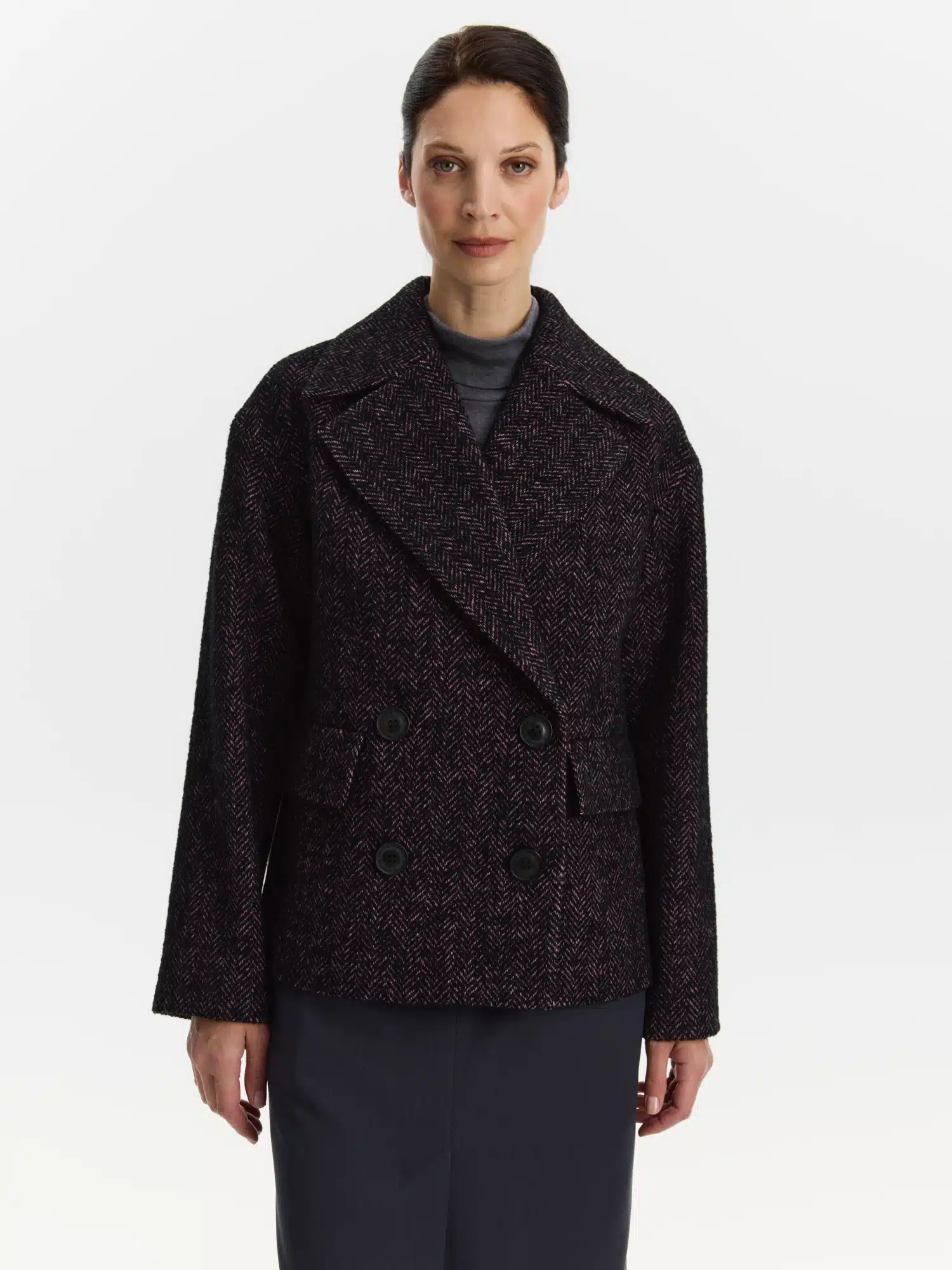 Пальто КМ 1319 BR черно-розовая ёлка