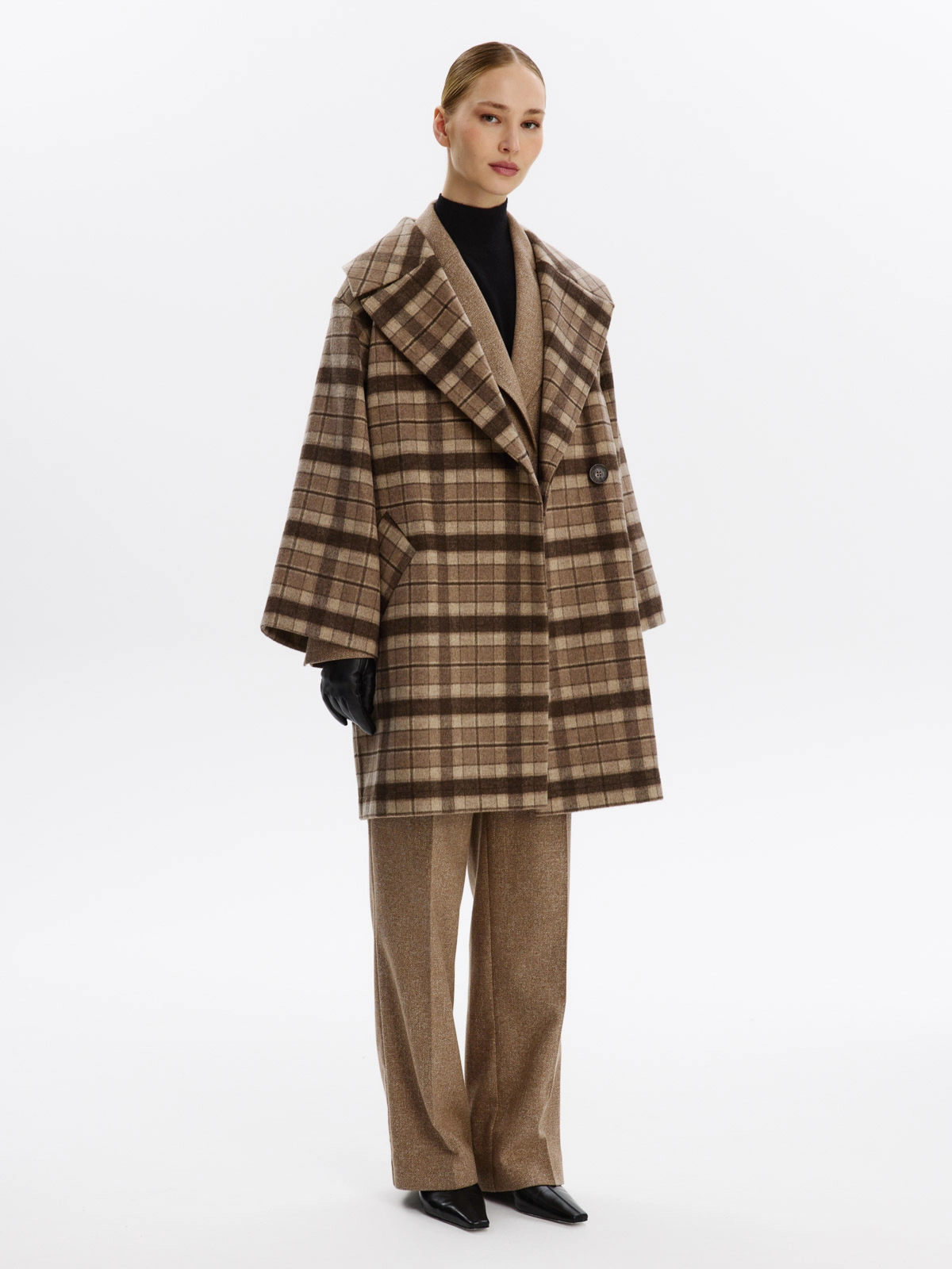Пальто КМ12043-2 OLZ коричневая клетка фото